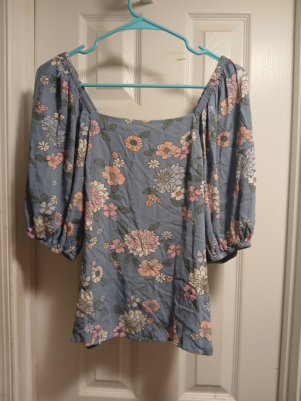 Candace Cameron Bure Blue Floral Square-Neck Puff Sleeve Topsz S